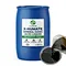 X-HUMATE Mineral Humic Acid Liquid fertilizer, 150g/L HA content, 200L blue industrial drum export packaging, professional agricultural product photography with high-purity dark liquid texture sample.